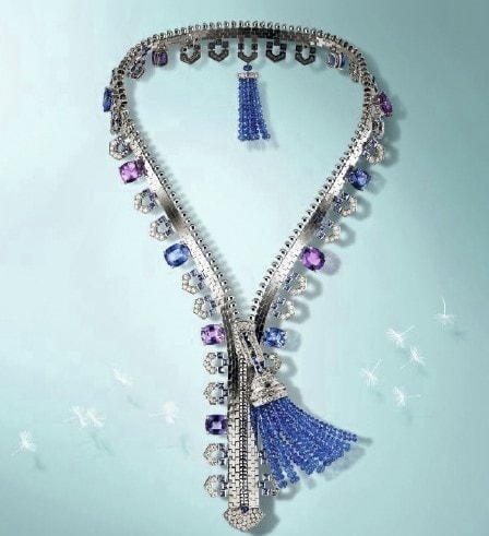 Zip necklace encrusted with diamonds, blue and purple gemstones